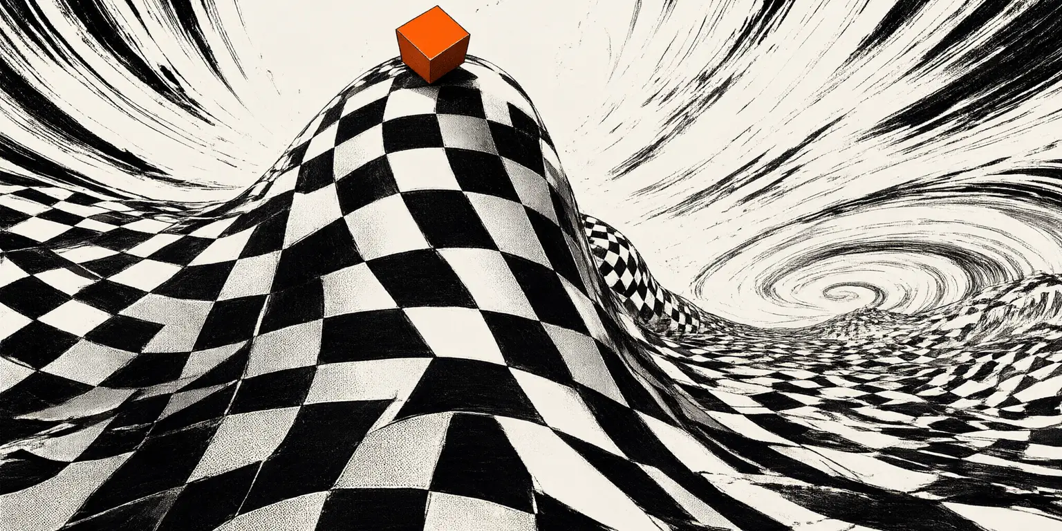 An inked checkerboard rising into a wave, an orange cube on its crest
